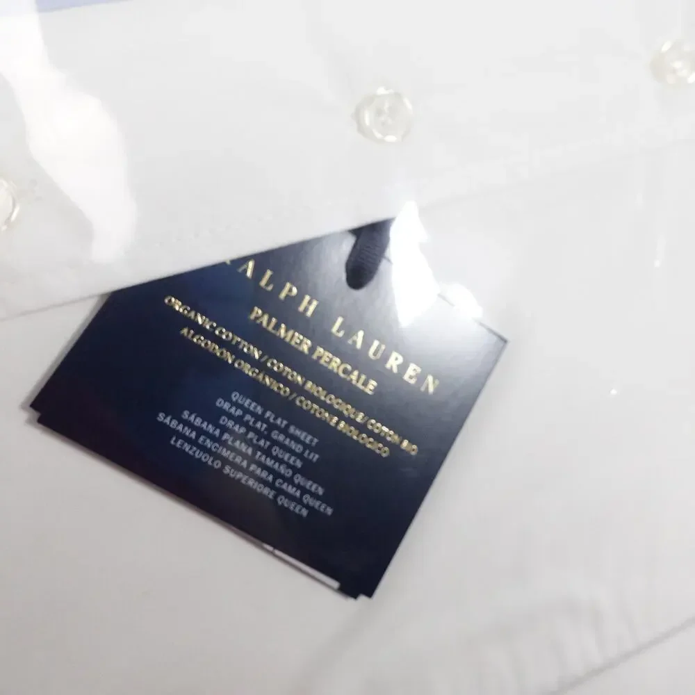 New Ralph Lauren Organic Cotton Percale Palmer Queen Flat Sheet White/Sky Blue